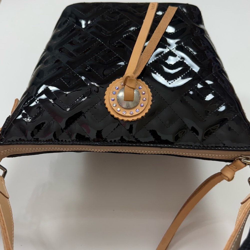 Consuela Black Patent Quilted Bucket Bag with Beige Trim - Picture 8 of 12